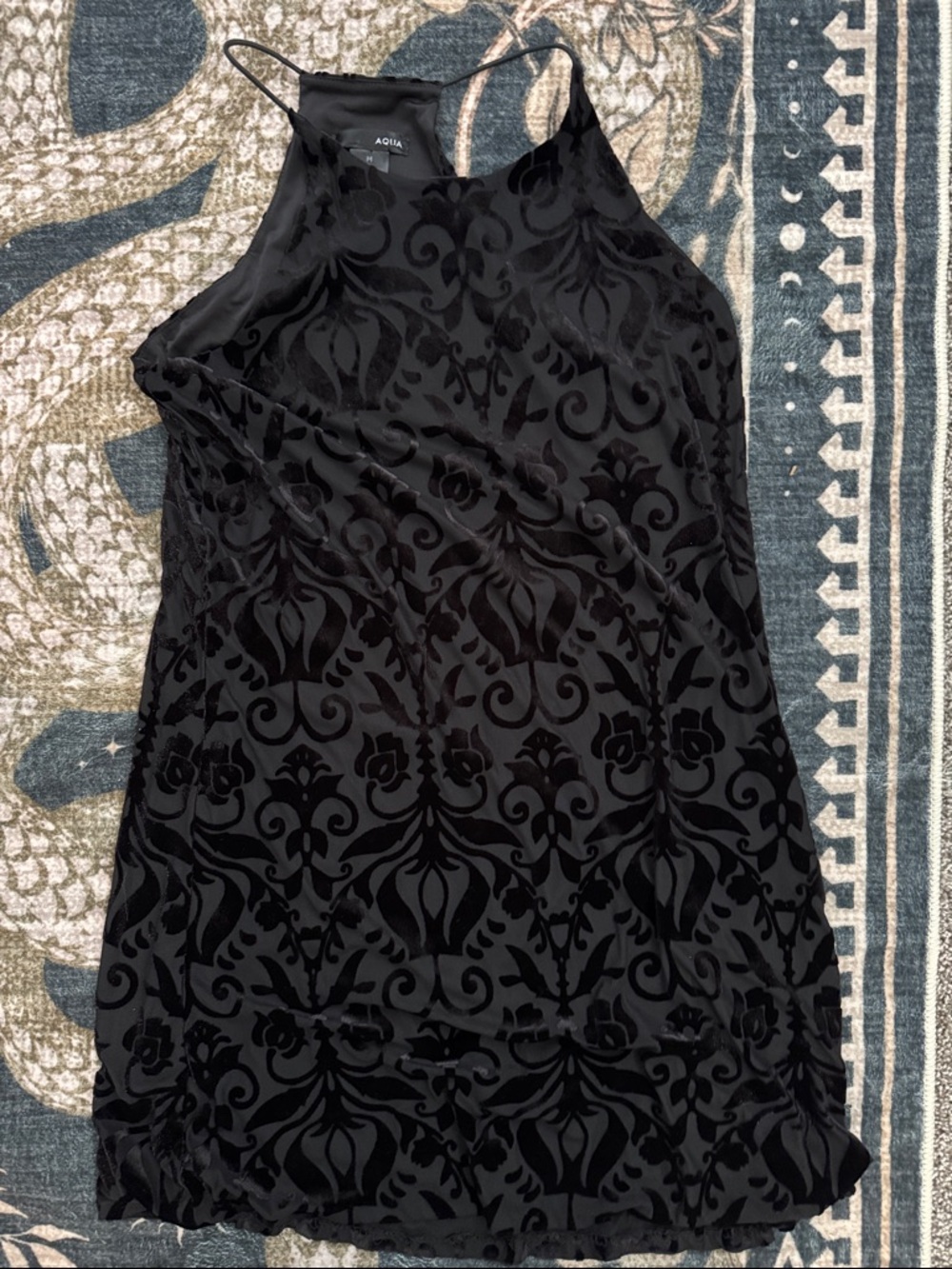 Aqua Black Velvet-Devore Halter Mini Dress